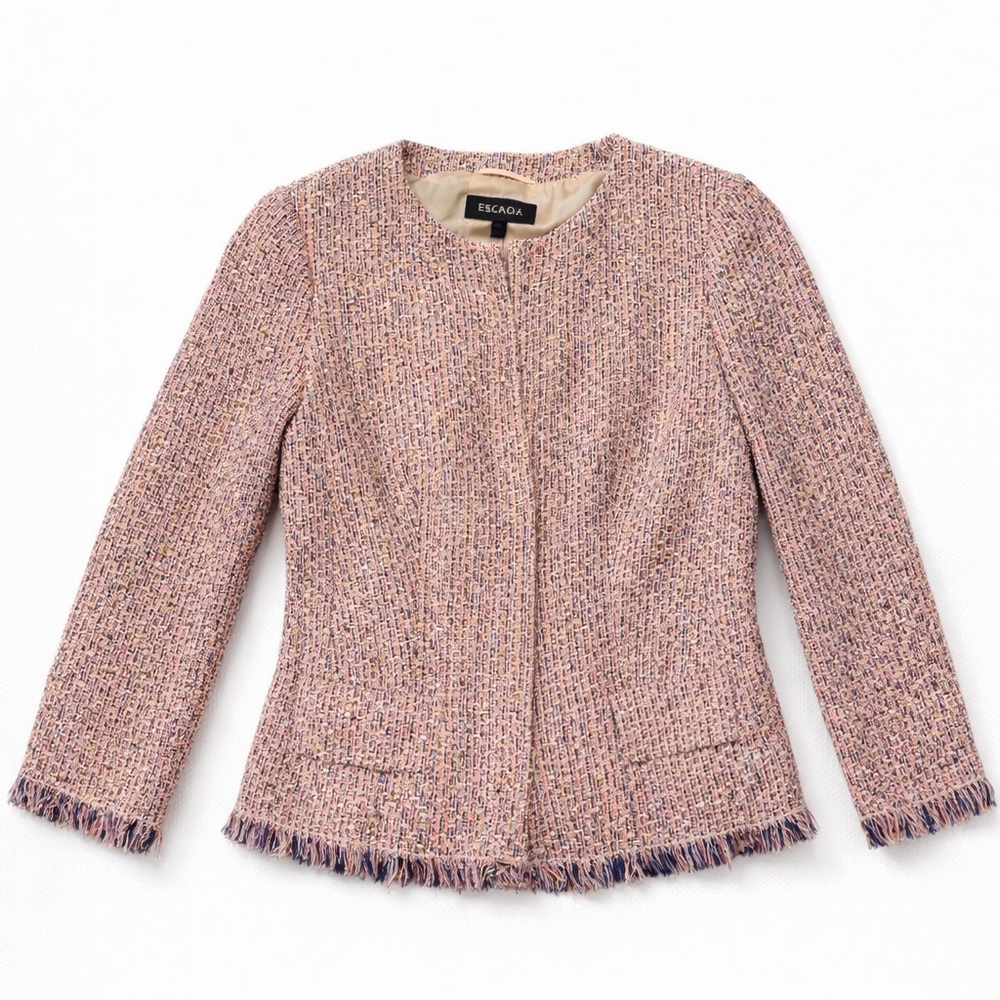 Escada Tweed Jacket Blazer Size 38 Fringe Hem Pink Multicolor Luxury